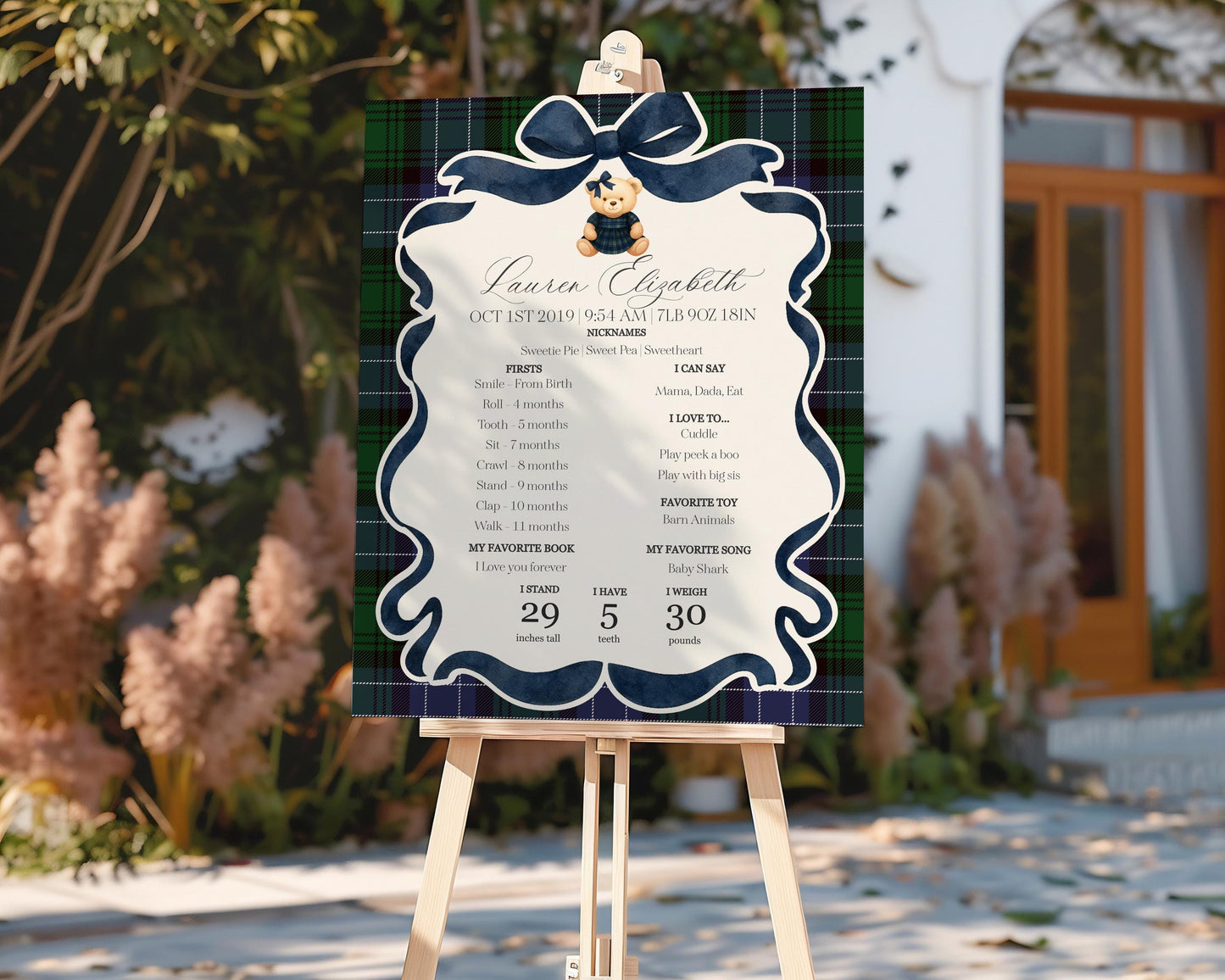 Preppy Bear Girl First Year Milestone Sign Printable Template, Beary First Birthday Decor, Old Money Party, Tartan Plaid Coquette Bow WP1080