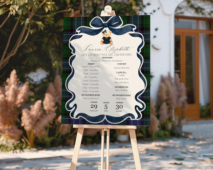 Preppy Bear Girl First Year Milestone Sign Printable Template, Beary First Birthday Decor, Old Money Party, Tartan Plaid Coquette Bow WP1080