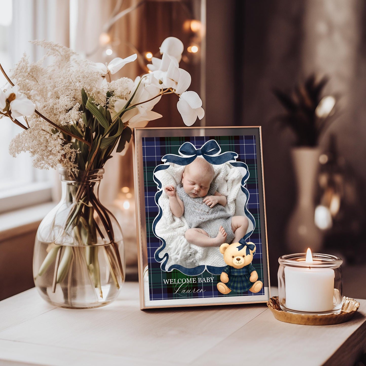 Preppy Bear Girl 1st Birthday Milestone Banner Template, Beary First Birthday Decor, Old Money Tartan Plaid Coquette Bow Party WP1080