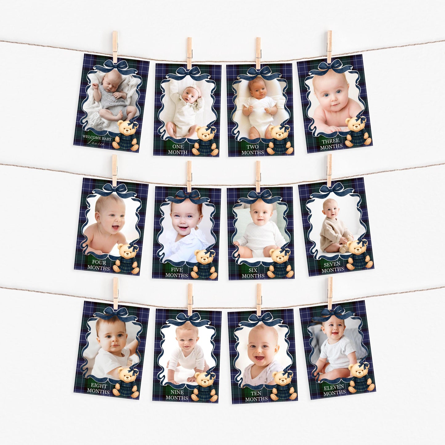 Preppy Bear Girl 1st Birthday Milestone Banner Template, Beary First Birthday Decor, Old Money Tartan Plaid Coquette Bow Party WP1080