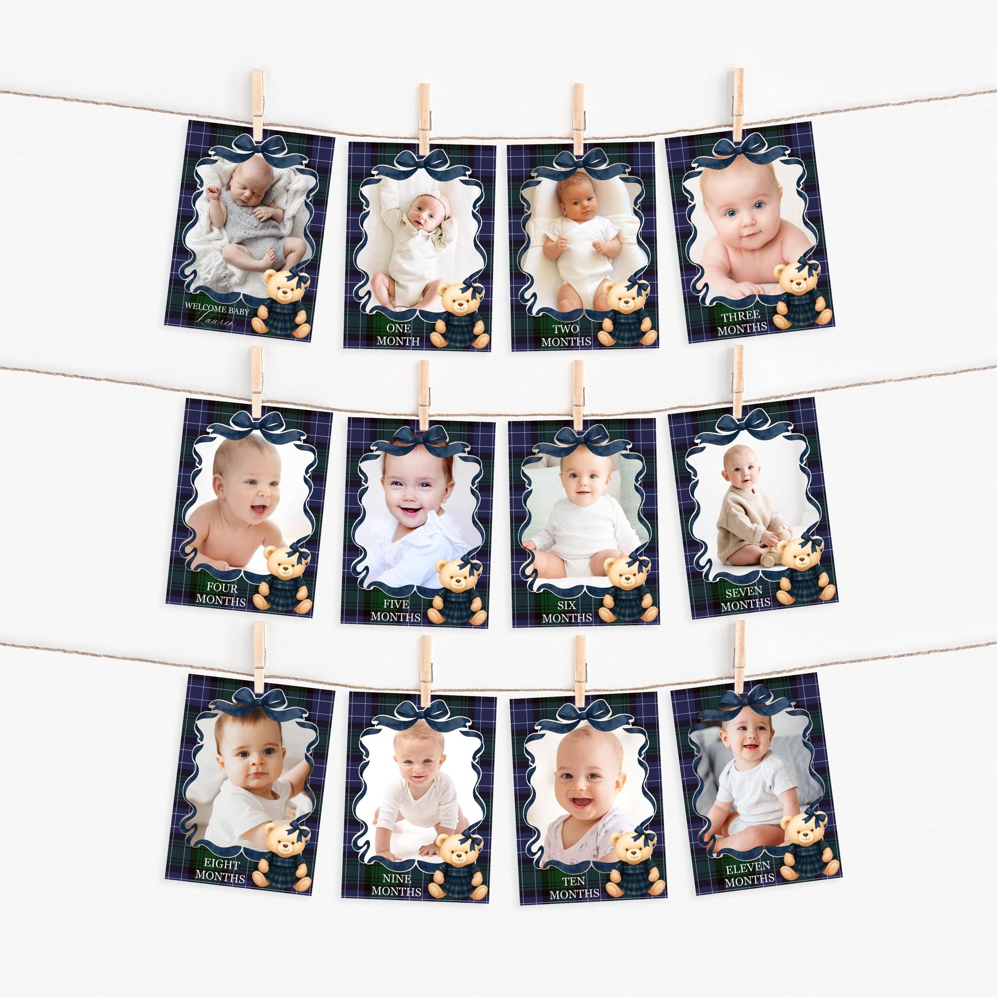 Preppy Bear Girl 1st Birthday Milestone Banner Template, Beary First Birthday Decor, Old Money Tartan Plaid Coquette Bow Party WP1080