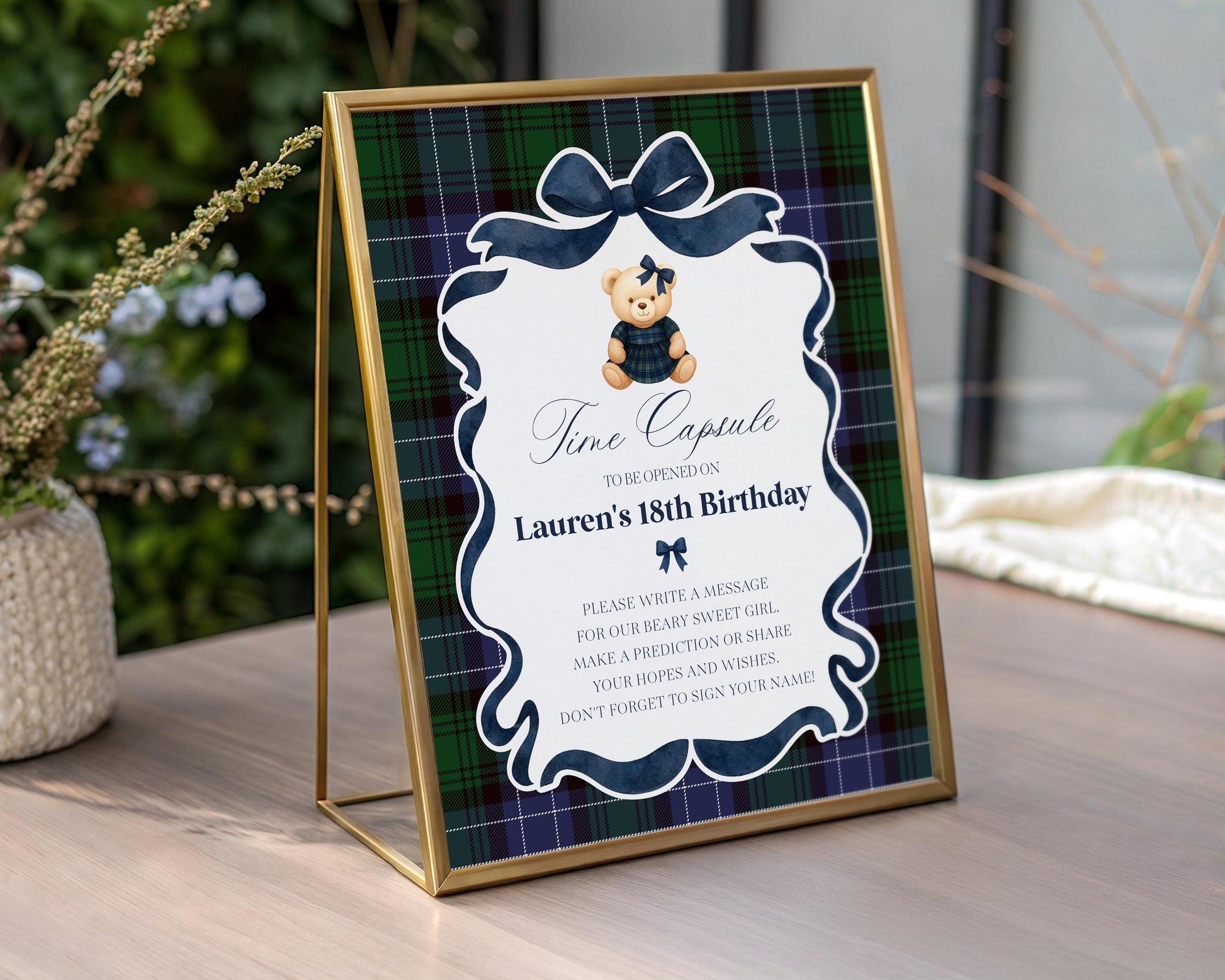 Preppy Girl Bear Time Capsule Template, Beary First Birthday Decor, Old Money Birthday Party, Tartan Plaid Coquette Bow Party WP1080