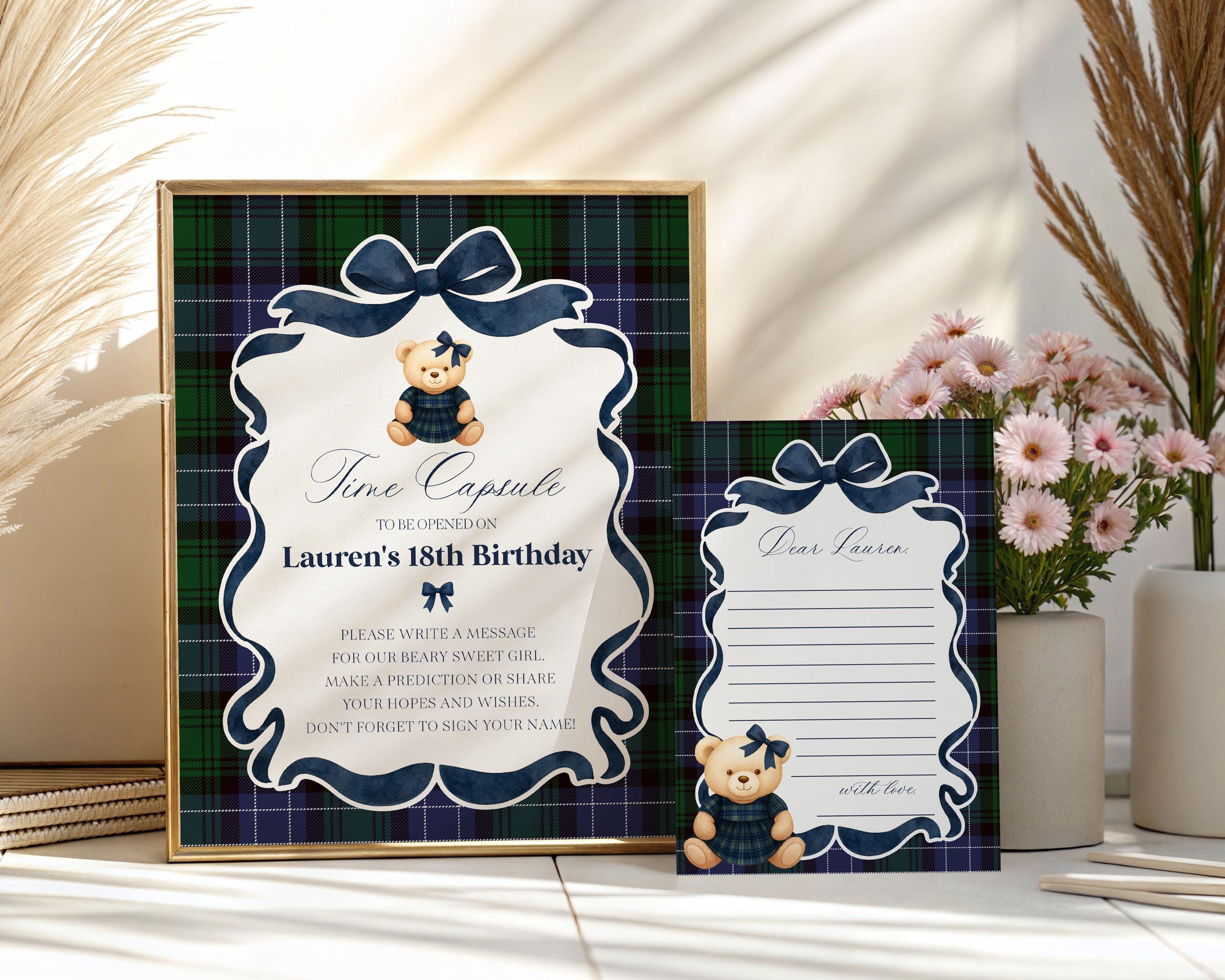 Preppy Girl Bear Time Capsule Template, Beary First Birthday Decor, Old Money Birthday Party, Tartan Plaid Coquette Bow Party WP1080