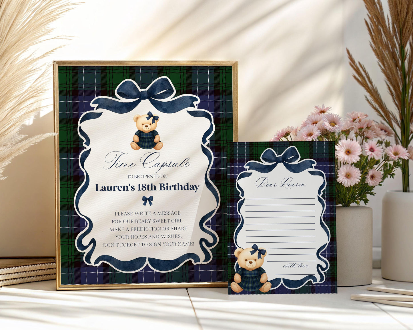 Preppy Girl Bear Time Capsule Template, Beary First Birthday Decor, Old Money Birthday Party, Tartan Plaid Coquette Bow Party WP1080
