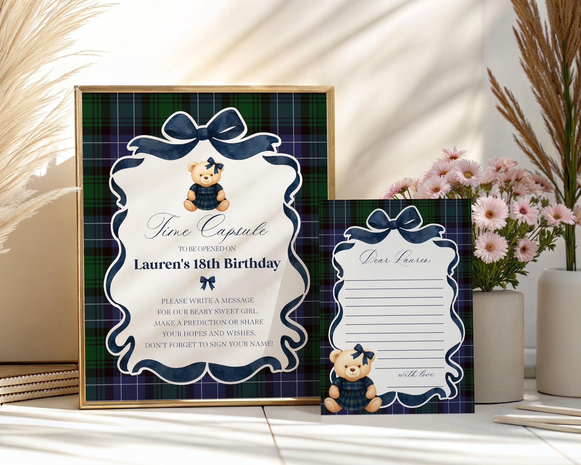 Preppy Girl Bear Time Capsule Template, Beary First Birthday Decor, Old Money Birthday Party, Tartan Plaid Coquette Bow Party WP1080