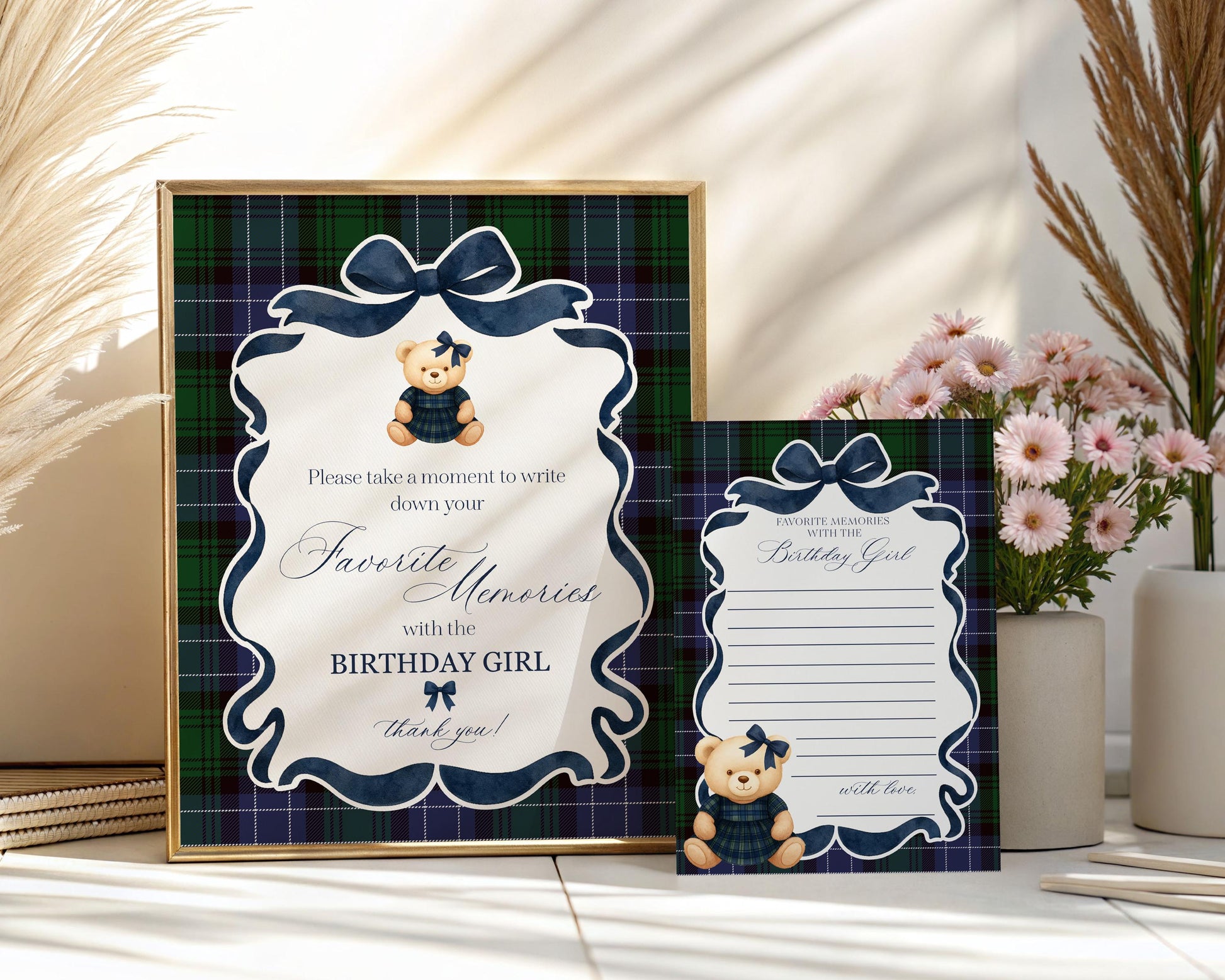 Preppy Girl Bear Favorite Memories Birthday Template, Old Money Teddy Bear Birthday Party, Tartan Plaid Coquette Bow Party Decoration WP1080
