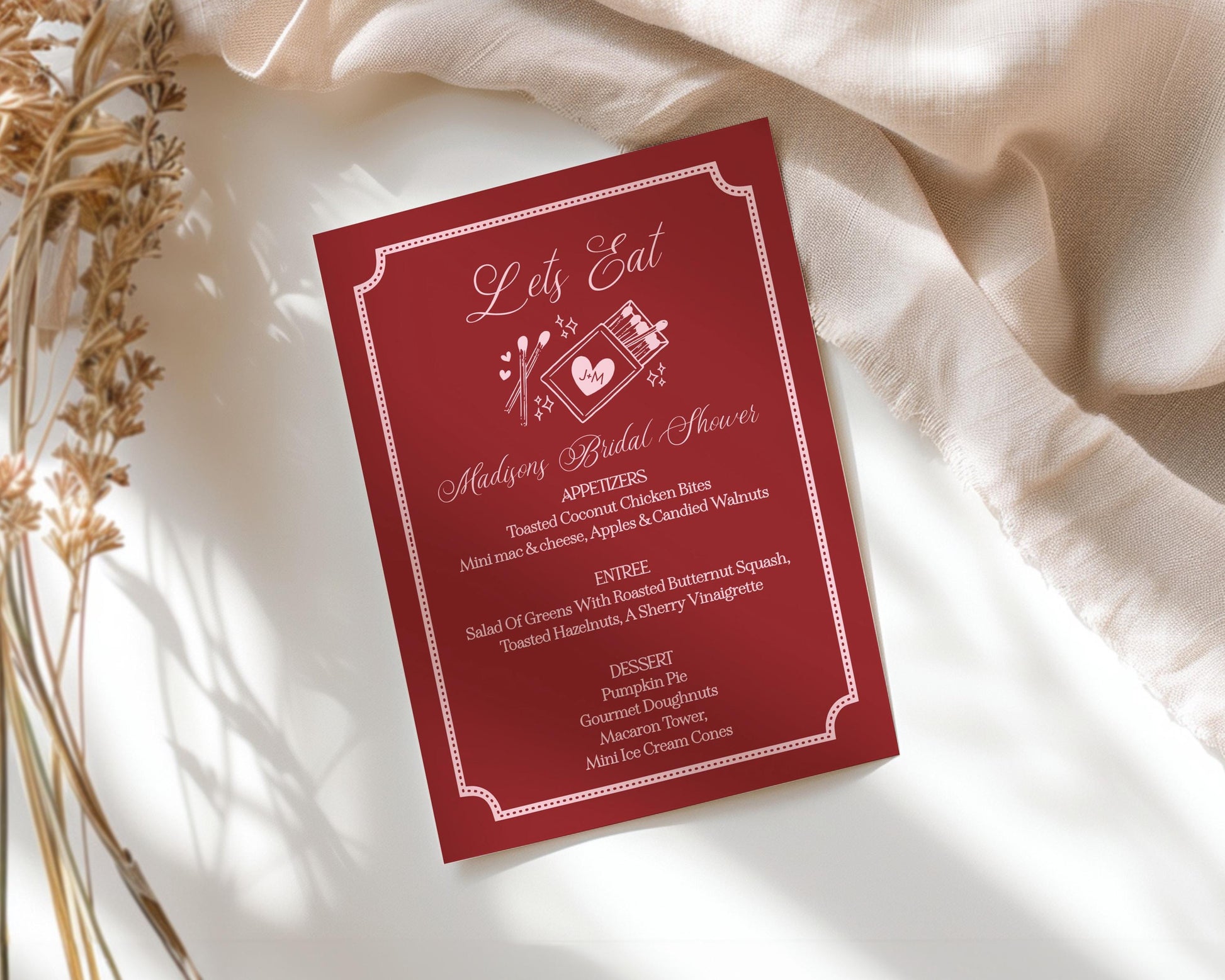 Perfect Match Menu Template, Match Made In Heaven Bridal Shower, Matchbox Theme Lingerie Shower WP1084