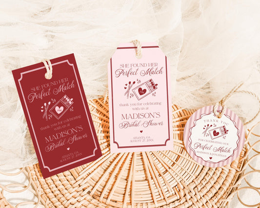 Perfect Match Bridal Shower Favor Tags Template, Match Made In Heaven Lingerie Shower, Matchbox Theme Bachelorette Party WP1084