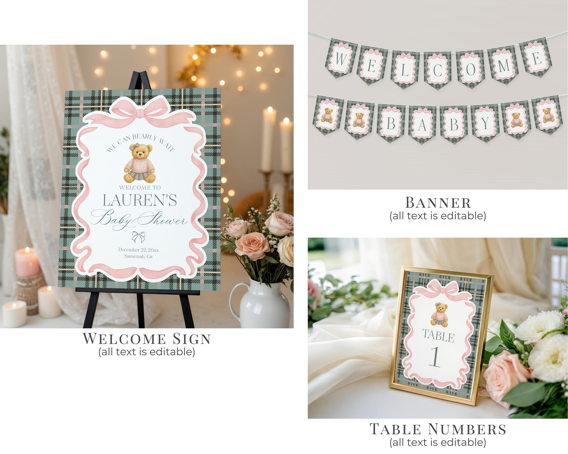 Pink Coquette Bear Girl Baby Shower Bundle Printable Template, We Can Bearly Wait Old Money Baby Sprinkle, Tartan Plaid Coquette Bow WP1081