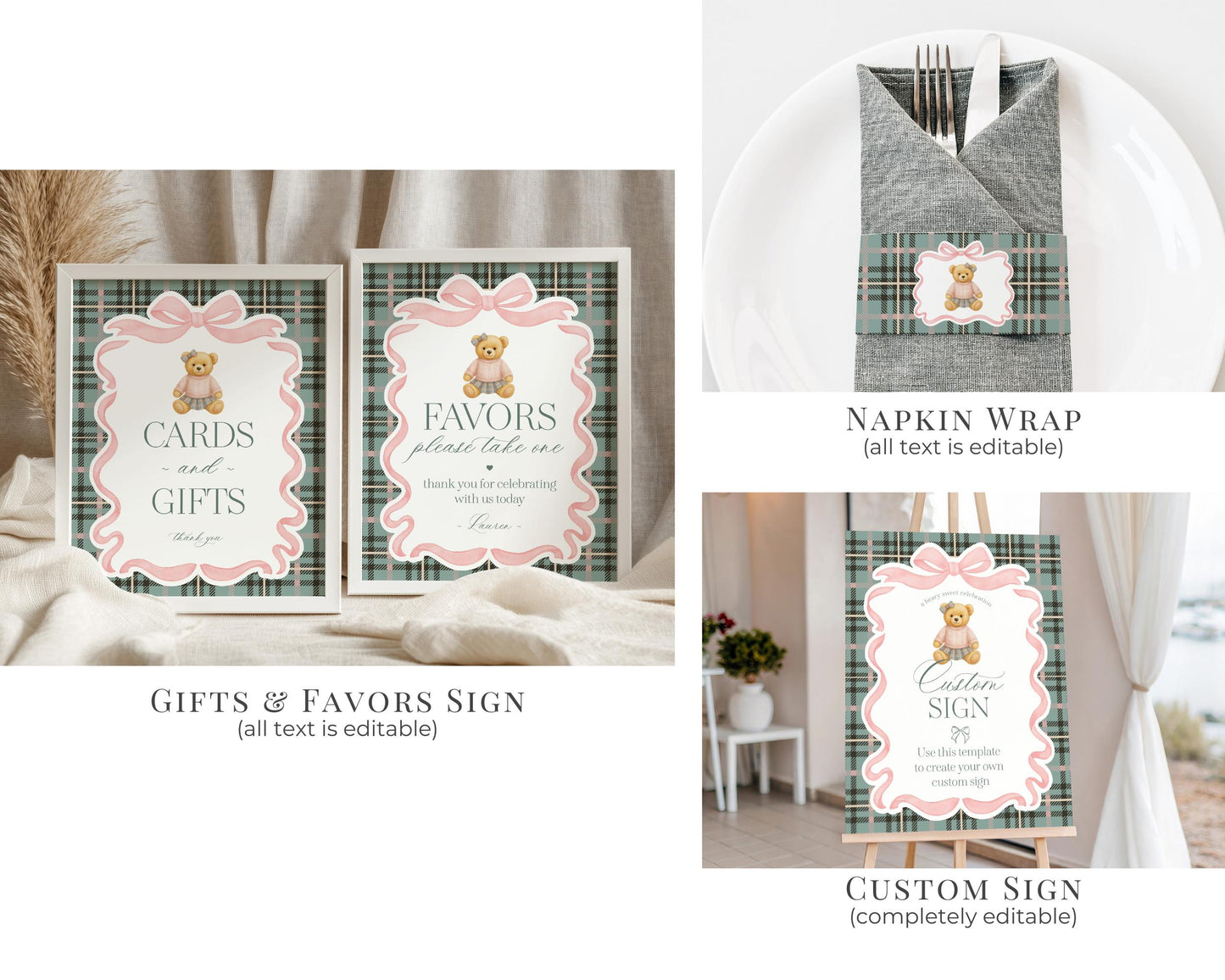 Pink Coquette Bear Girl Baby Shower Bundle Printable Template, We Can Bearly Wait Old Money Baby Sprinkle, Tartan Plaid Coquette Bow WP1081