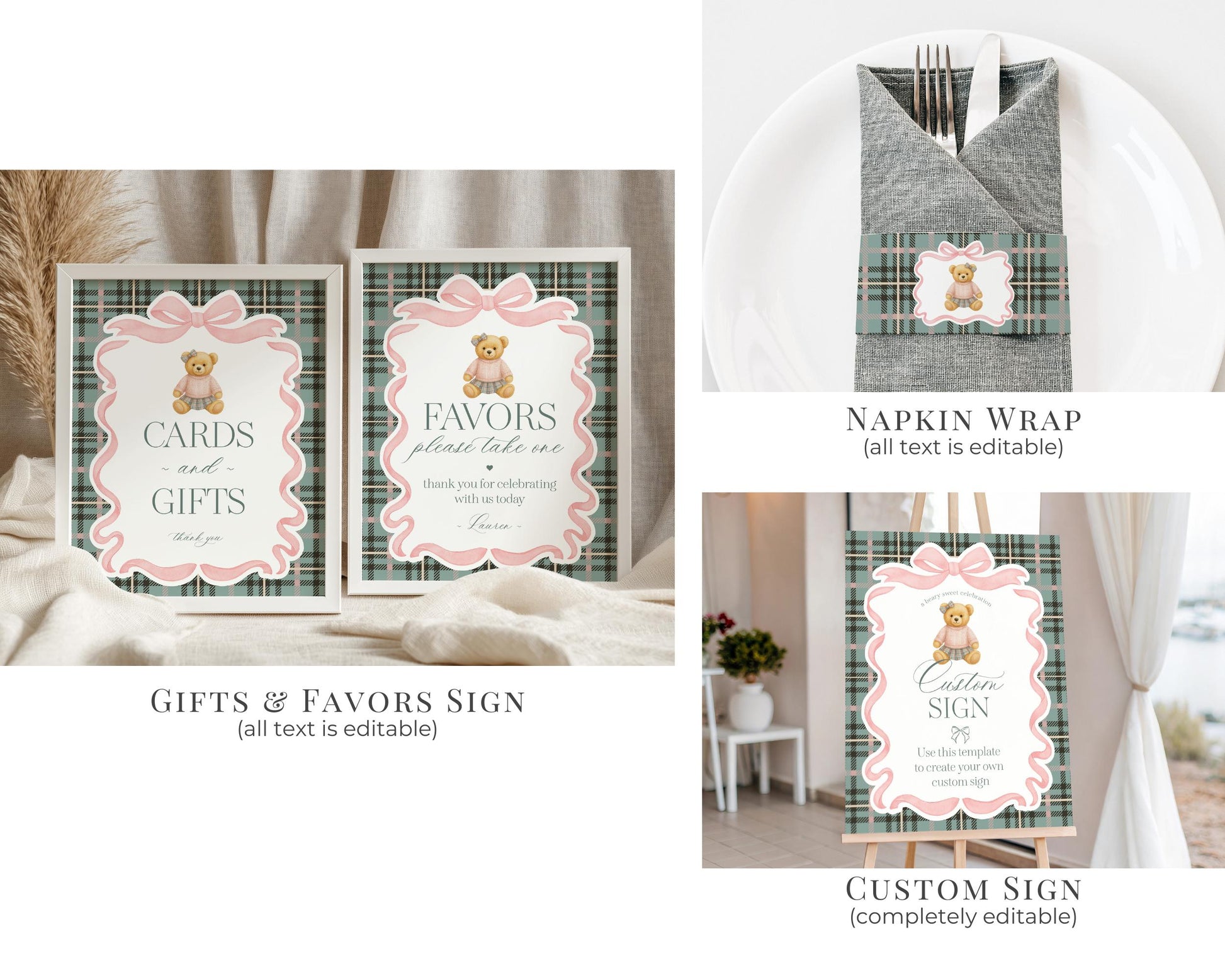 Pink Coquette Bear Girl Baby Shower Bundle Printable Template, We Can Bearly Wait Old Money Baby Sprinkle, Tartan Plaid Coquette Bow WP1081