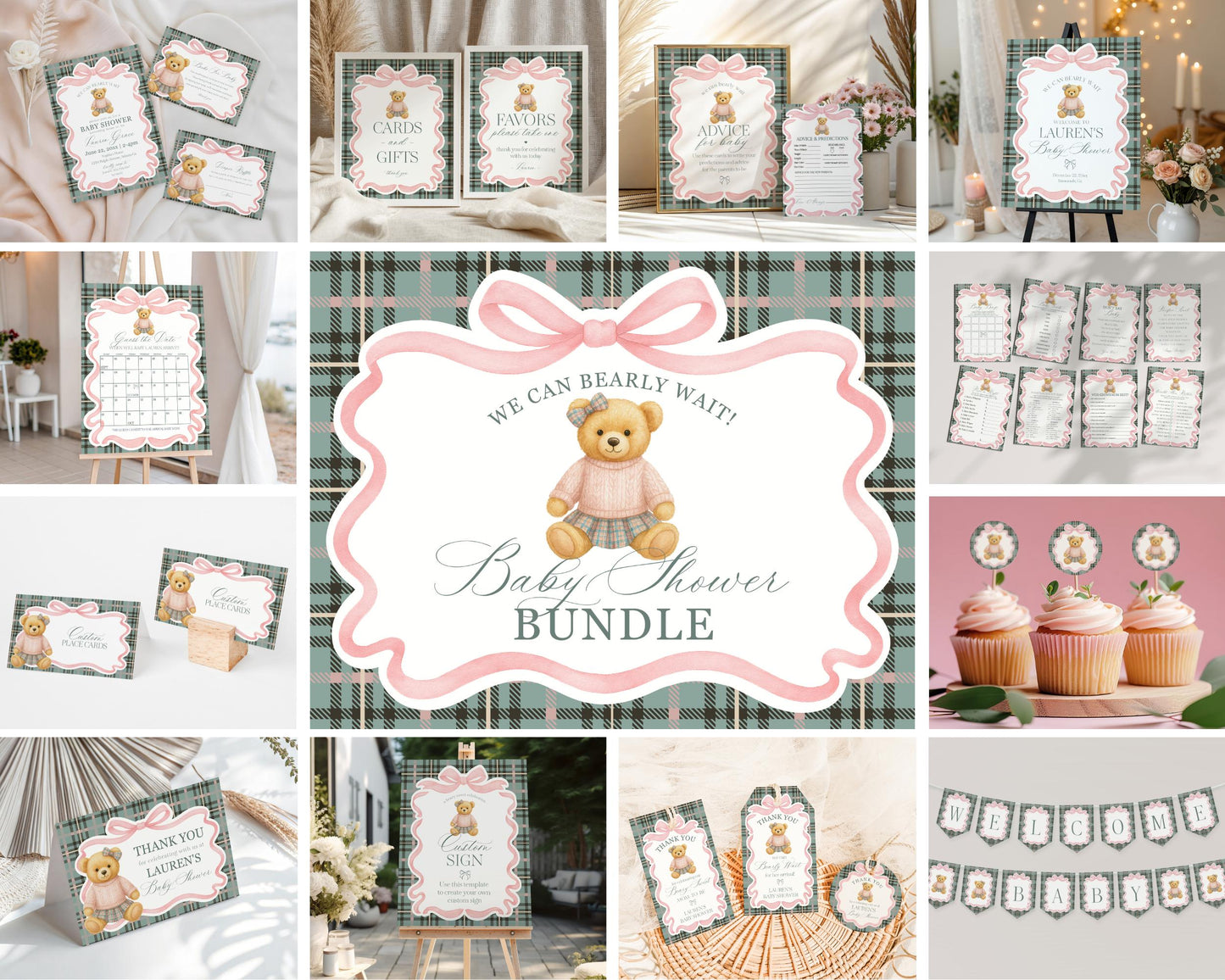 Pink Coquette Bear Girl Baby Shower Bundle Printable Template, We Can Bearly Wait Old Money Baby Sprinkle, Tartan Plaid Coquette Bow WP1081