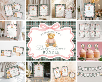 Pink Coquette Bear Girl Baby Shower Bundle Printable Template, We Can Bearly Wait Old Money Baby Sprinkle, Tartan Plaid Coquette Bow WP1081