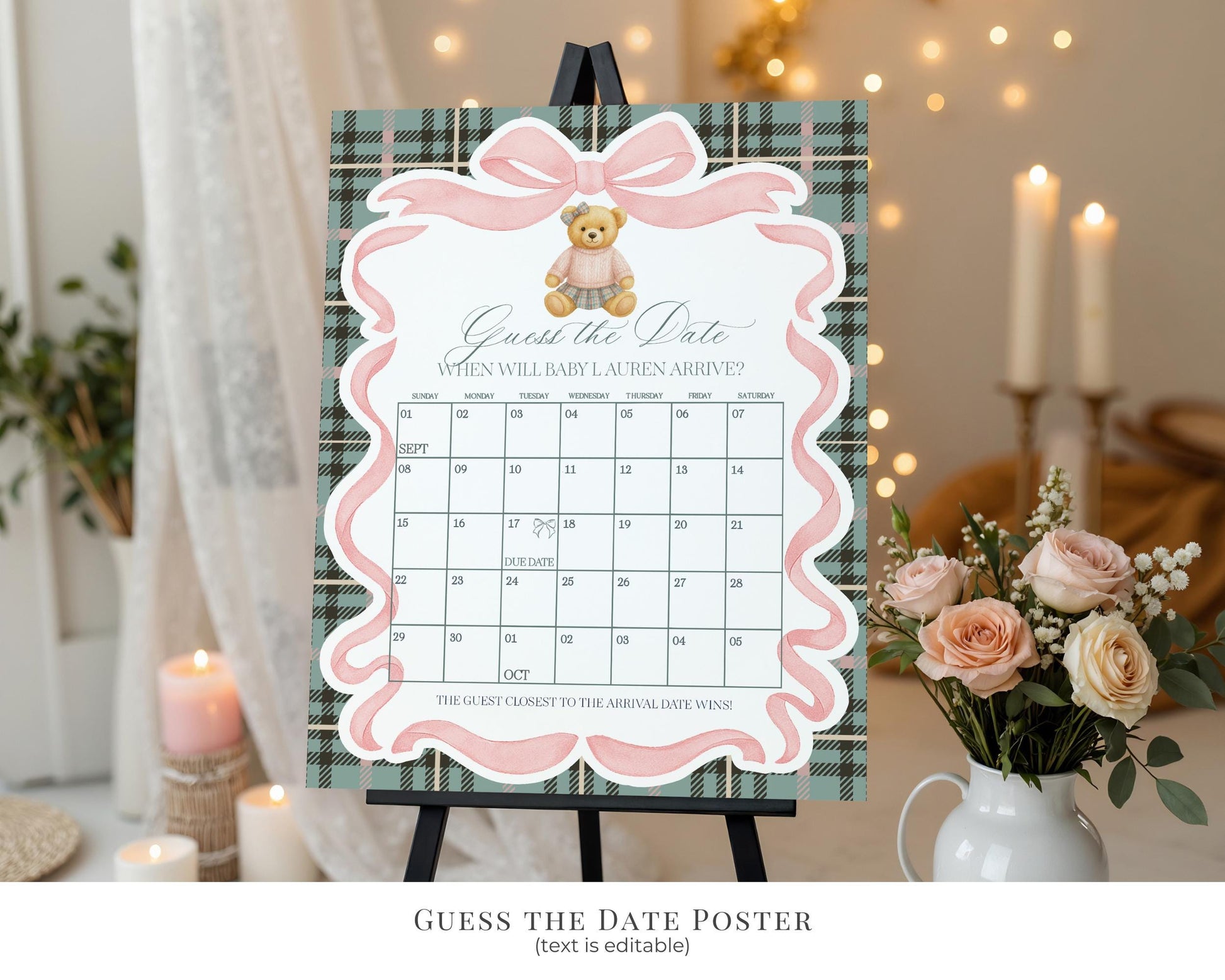 Pink Coquette Bear Girl Baby Shower Bundle Printable Template, We Can Bearly Wait Old Money Baby Sprinkle, Tartan Plaid Coquette Bow WP1081