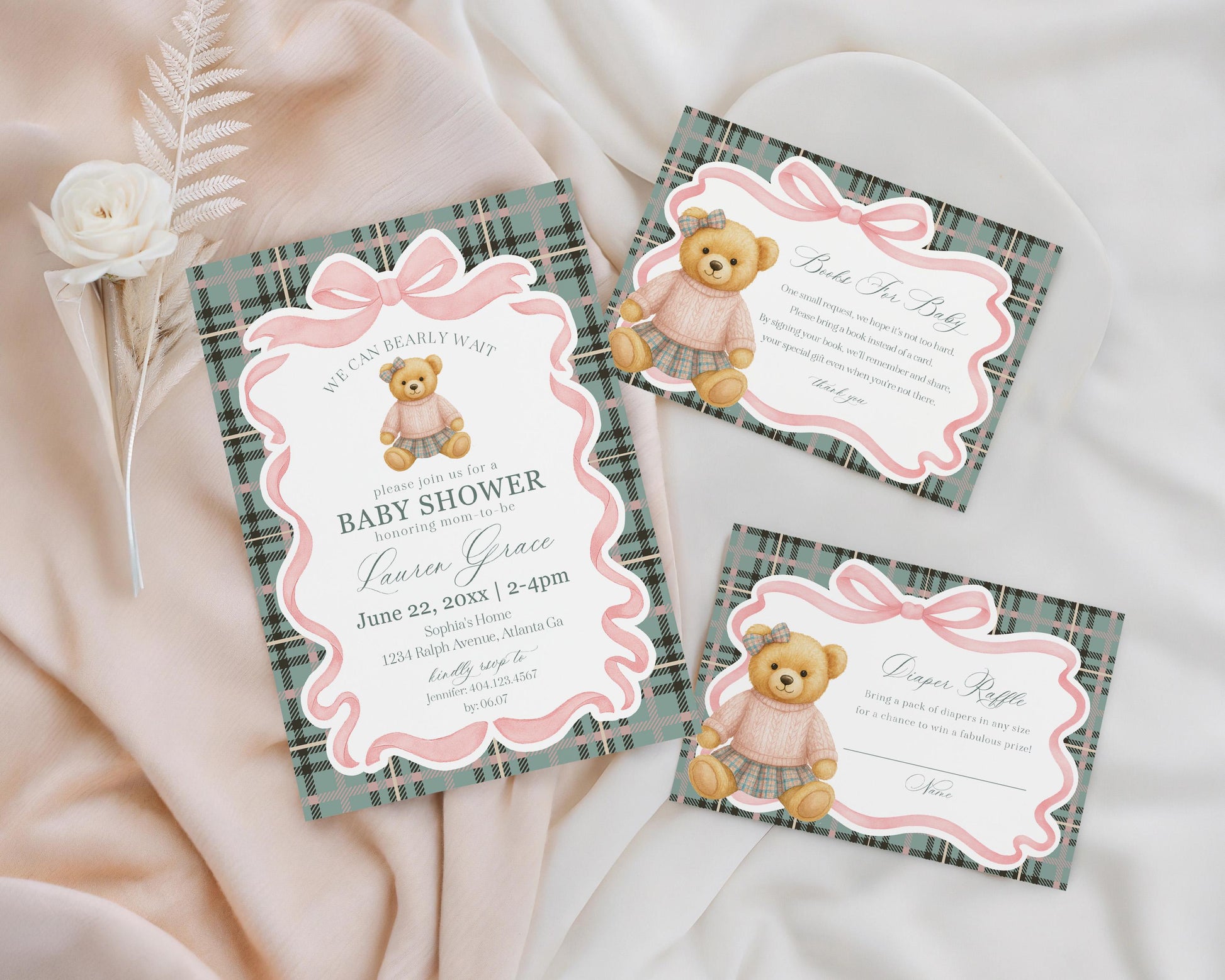 Pink Coquette Bear Girl Baby Shower Bundle Printable Template, We Can Bearly Wait Old Money Baby Sprinkle, Tartan Plaid Coquette Bow WP1081