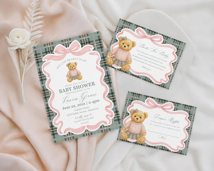 Pink Coquette Bear Girl Baby Shower Bundle Printable Template, We Can Bearly Wait Old Money Baby Sprinkle, Tartan Plaid Coquette Bow WP1081