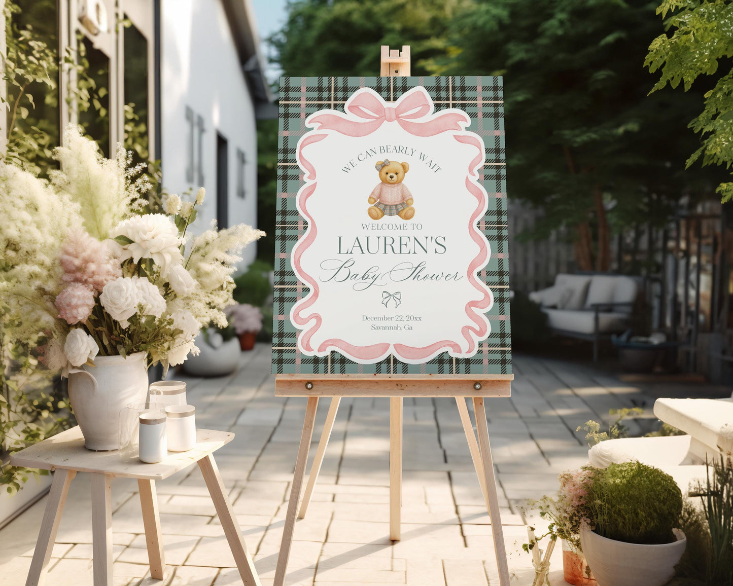 Pink Coquette Bear Girl Baby Shower Bundle Printable Template, We Can Bearly Wait Old Money Baby Sprinkle, Tartan Plaid Coquette Bow WP1081