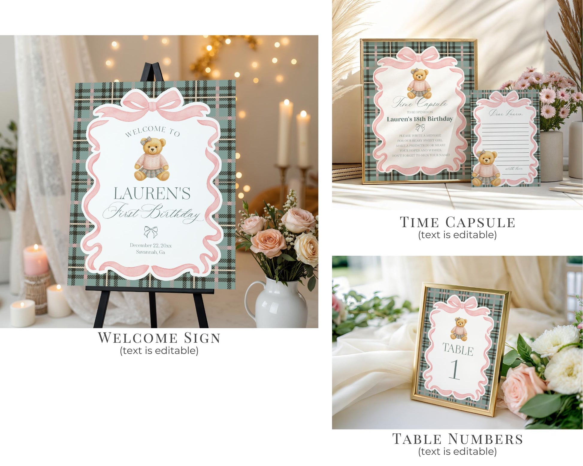 Pink Coquette Bear Girl 1st Birthday Bundle Printable Template, Beary First Birthday Decor, Old Money Tartan Plaid Birthday Party WP1081