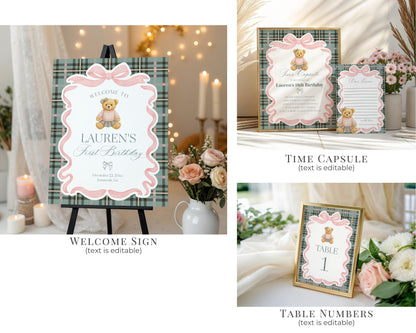 Pink Coquette Bear Girl 1st Birthday Bundle Printable Template, Beary First Birthday Decor, Old Money Tartan Plaid Birthday Party WP1081