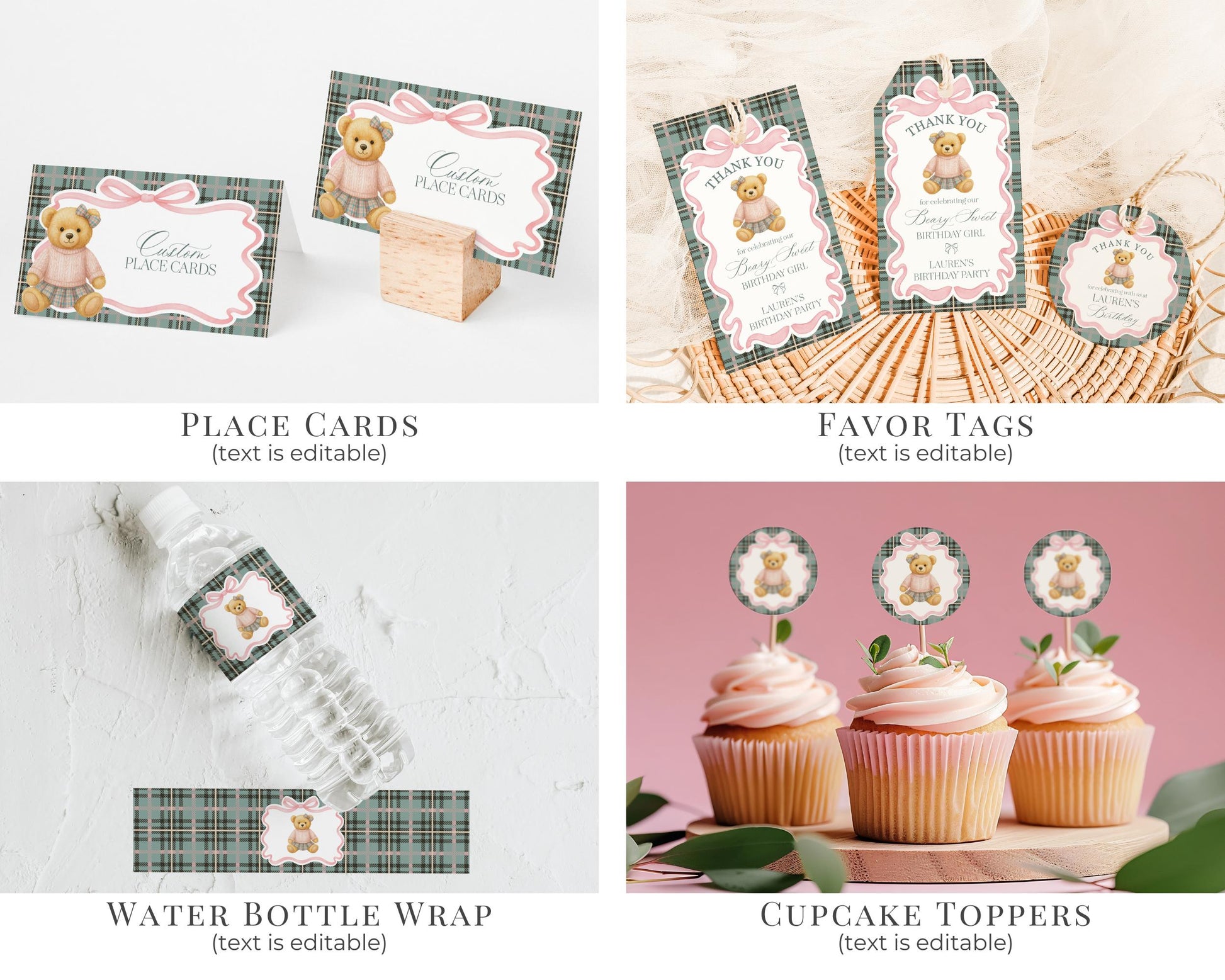Pink Coquette Bear Girl 1st Birthday Bundle Printable Template, Beary First Birthday Decor, Old Money Tartan Plaid Birthday Party WP1081
