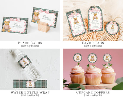 Pink Coquette Bear Girl 1st Birthday Bundle Printable Template, Beary First Birthday Decor, Old Money Tartan Plaid Birthday Party WP1081