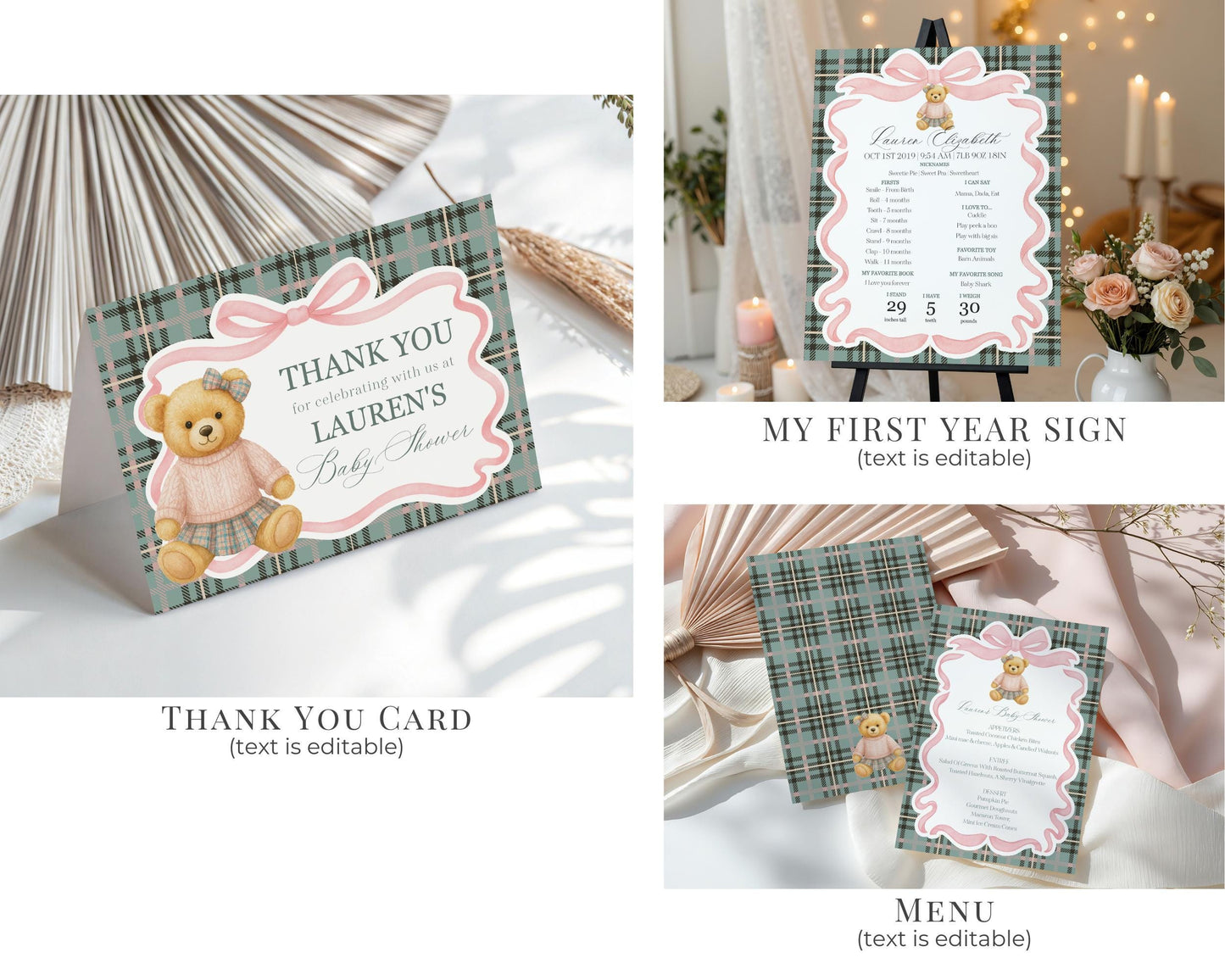 Pink Coquette Bear Girl 1st Birthday Bundle Printable Template, Beary First Birthday Decor, Old Money Tartan Plaid Birthday Party WP1081