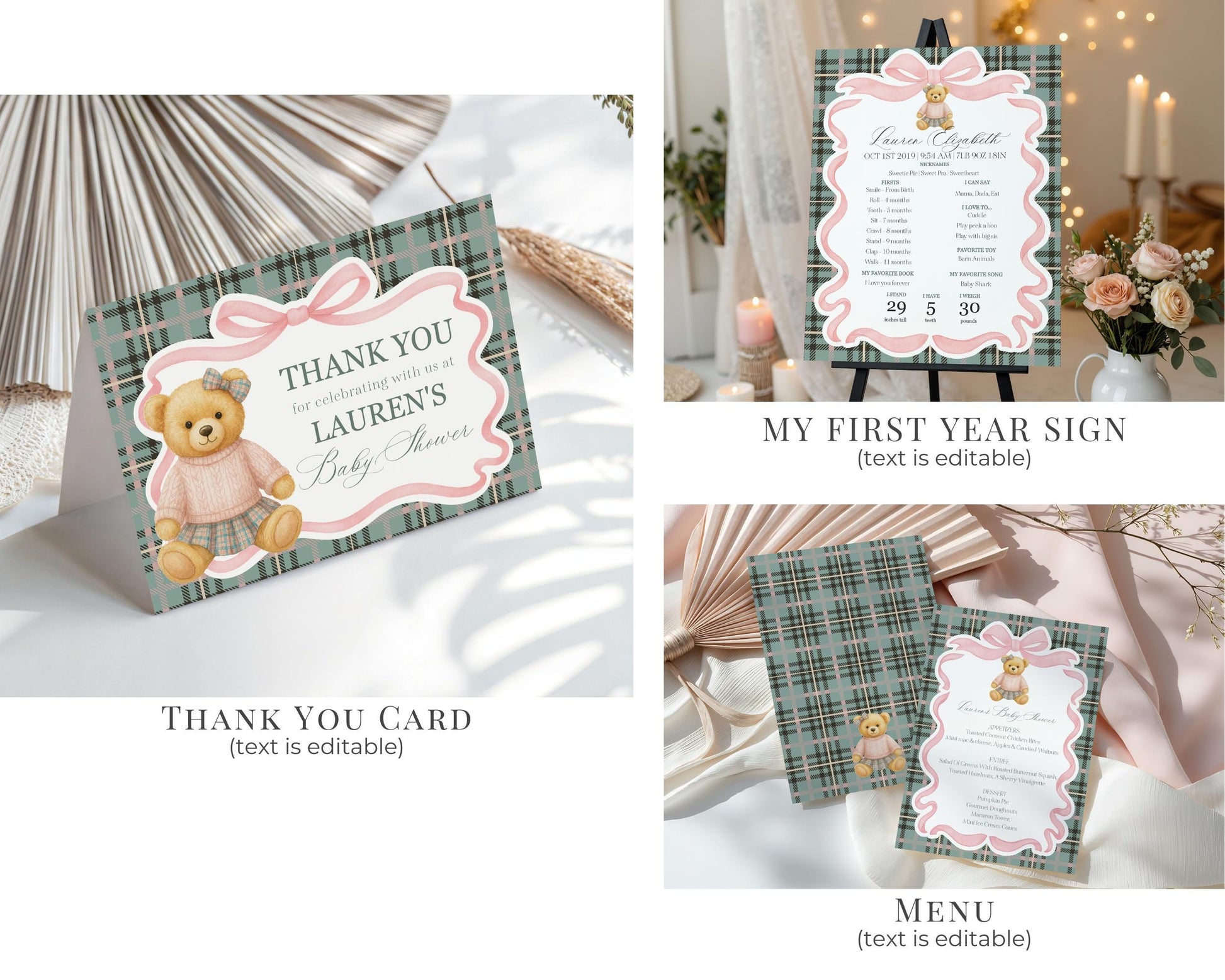 Pink Coquette Bear Girl 1st Birthday Bundle Printable Template, Beary First Birthday Decor, Old Money Tartan Plaid Birthday Party WP1081