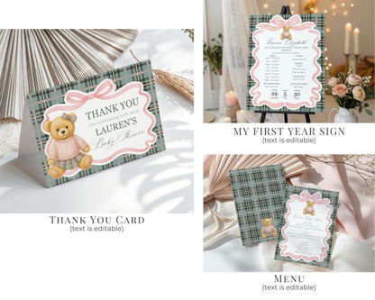 Pink Coquette Bear Girl 1st Birthday Bundle Printable Template, Beary First Birthday Decor, Old Money Tartan Plaid Birthday Party WP1081