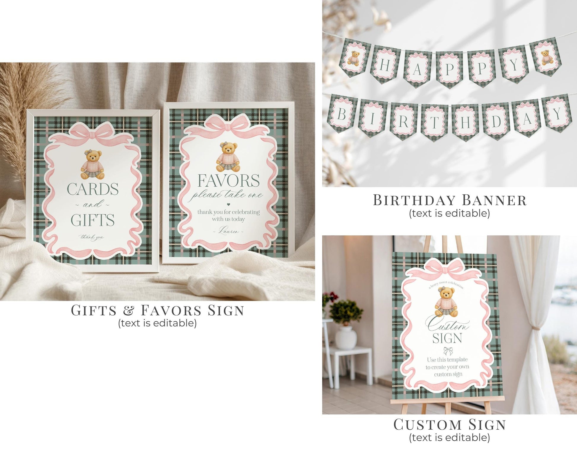 Pink Coquette Bear Girl 1st Birthday Bundle Printable Template, Beary First Birthday Decor, Old Money Tartan Plaid Birthday Party WP1081