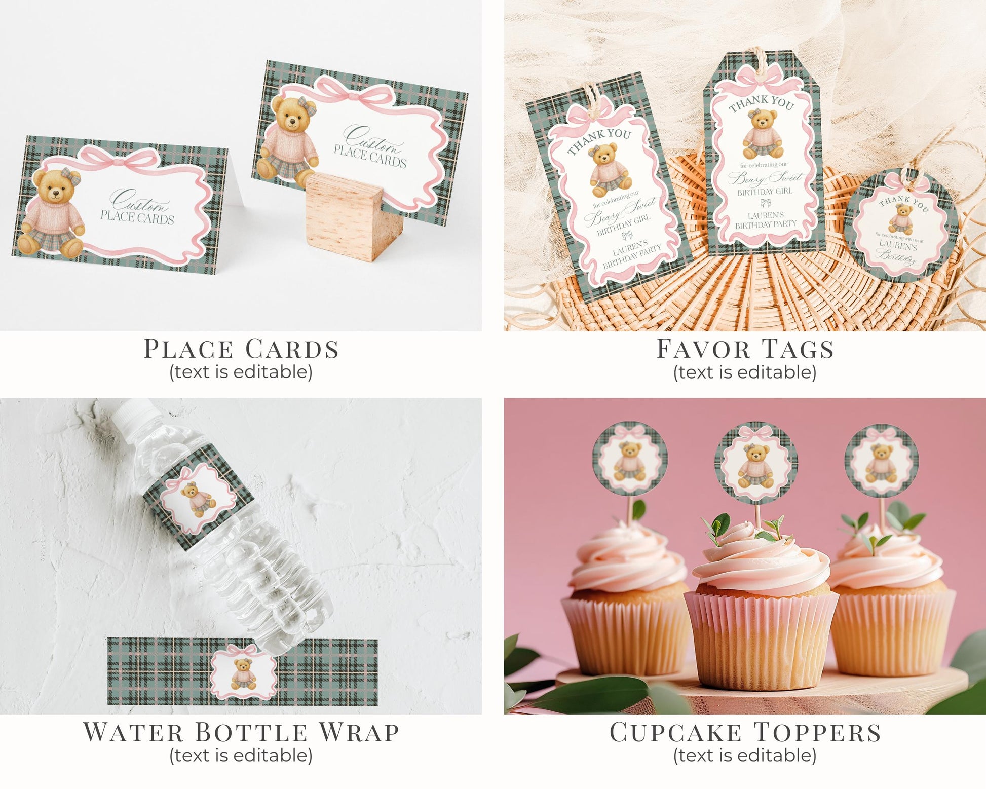 Pink Coquette Bear Girl Birthday Bundle Printable Template, Old Money Teddy Bear Birthday Party, Tartan Plaid Coquette Bow Party WP1081