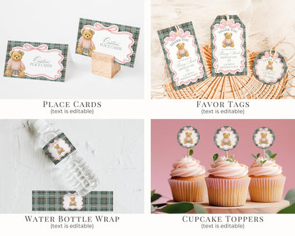 Pink Coquette Bear Girl Birthday Bundle Printable Template, Old Money Teddy Bear Birthday Party, Tartan Plaid Coquette Bow Party WP1081