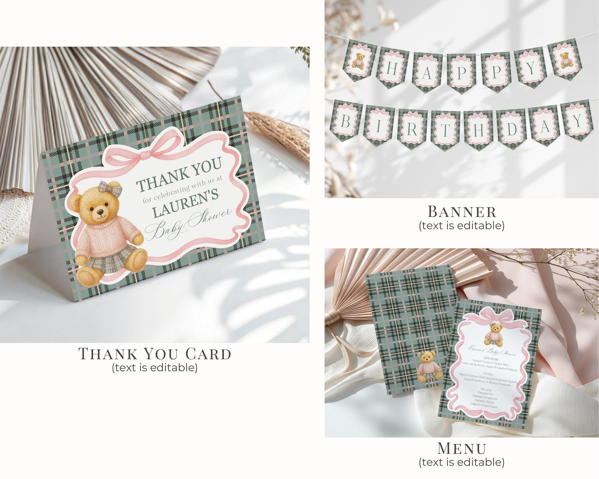 Pink Coquette Bear Girl Birthday Bundle Printable Template, Old Money Teddy Bear Birthday Party, Tartan Plaid Coquette Bow Party WP1081