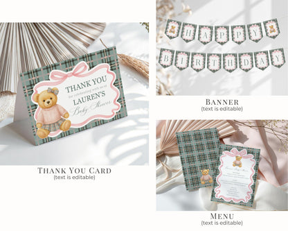 Pink Coquette Bear Girl Birthday Bundle Printable Template, Old Money Teddy Bear Birthday Party, Tartan Plaid Coquette Bow Party WP1081