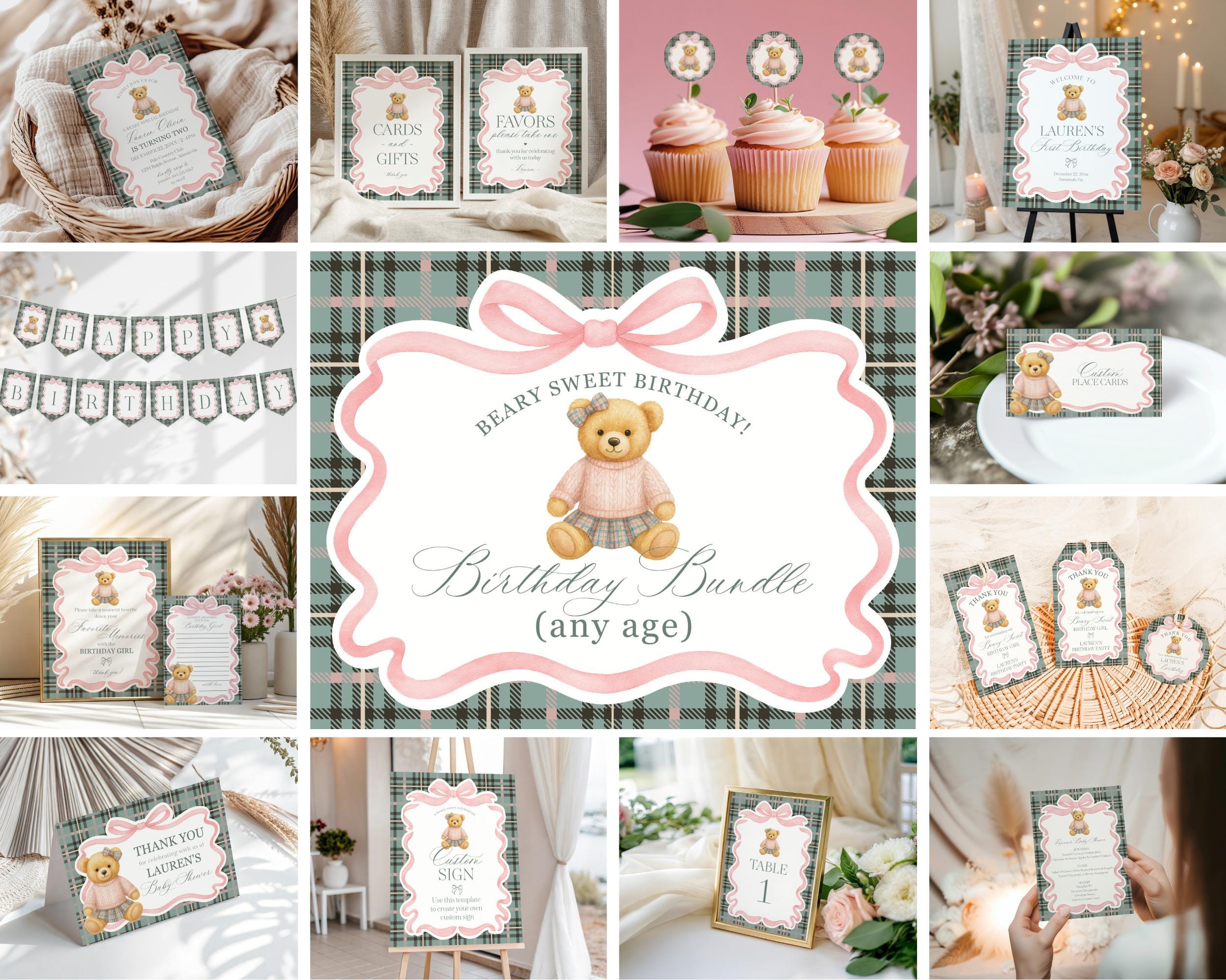 Pink Coquette Bear Girl Birthday Bundle Printable Template, Old Money Teddy Bear Birthday Party, Tartan Plaid Coquette Bow Party WP1081