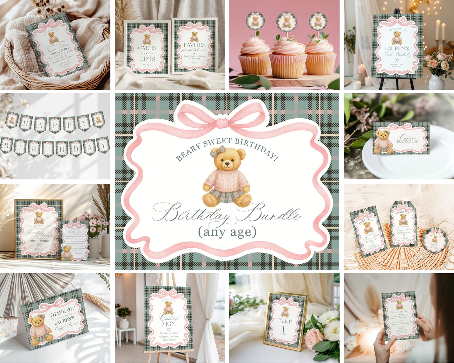 Pink Coquette Bear Girl Birthday Bundle Printable Template, Old Money Teddy Bear Birthday Party, Tartan Plaid Coquette Bow Party WP1081