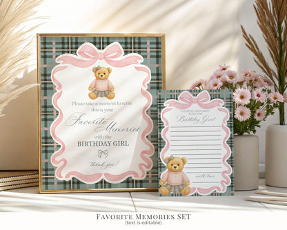 Pink Coquette Bear Girl Birthday Bundle Printable Template, Old Money Teddy Bear Birthday Party, Tartan Plaid Coquette Bow Party WP1081