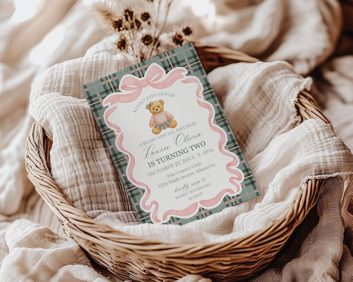 Pink Coquette Bear Girl Birthday Bundle Printable Template, Old Money Teddy Bear Birthday Party, Tartan Plaid Coquette Bow Party WP1081