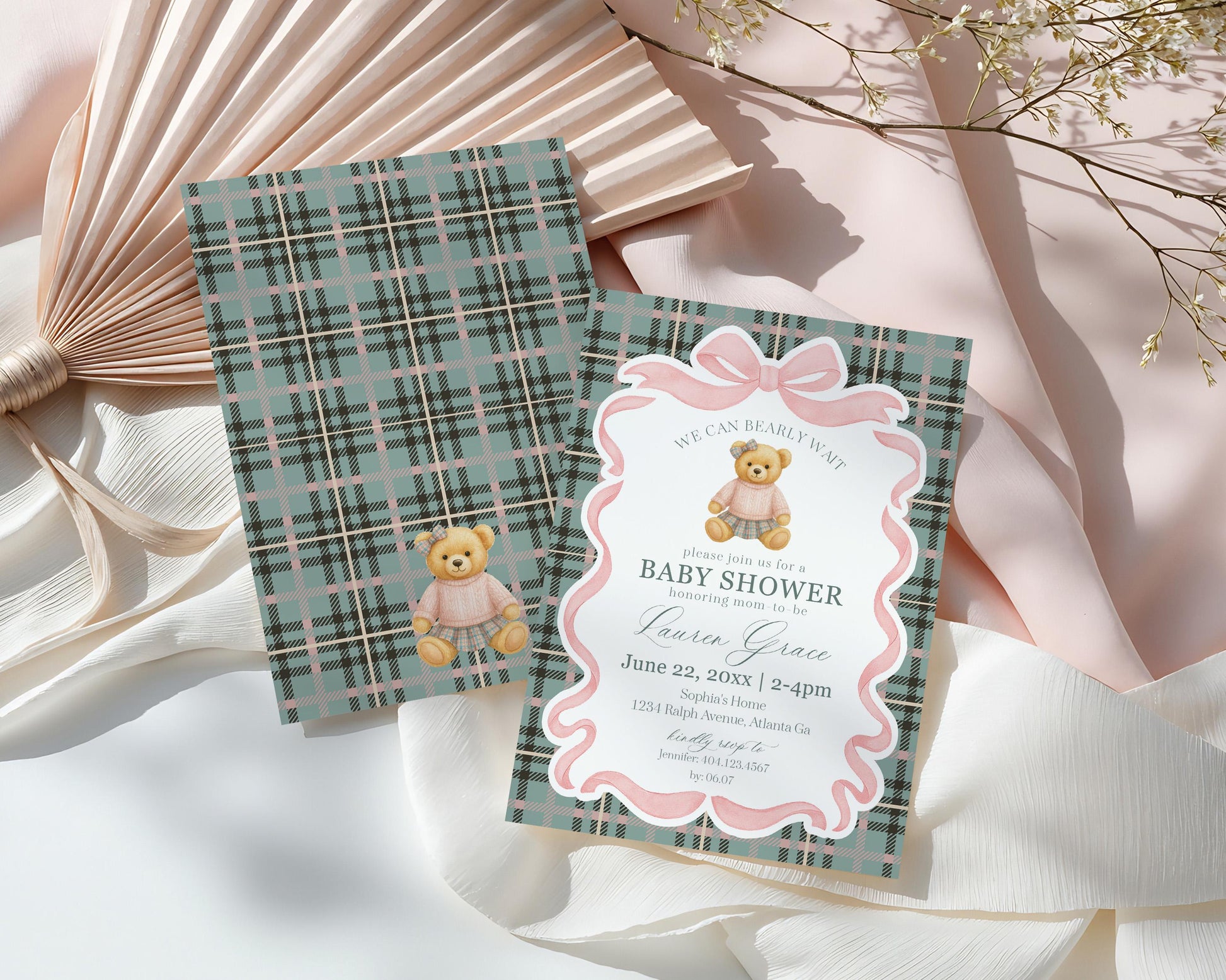 Pink Coquette Bear Baby Shower Invitation Printable Template, We Can Bearly Wait Old Money Baby Sprinkle, Tartan Plaid Nesting Party WP1081