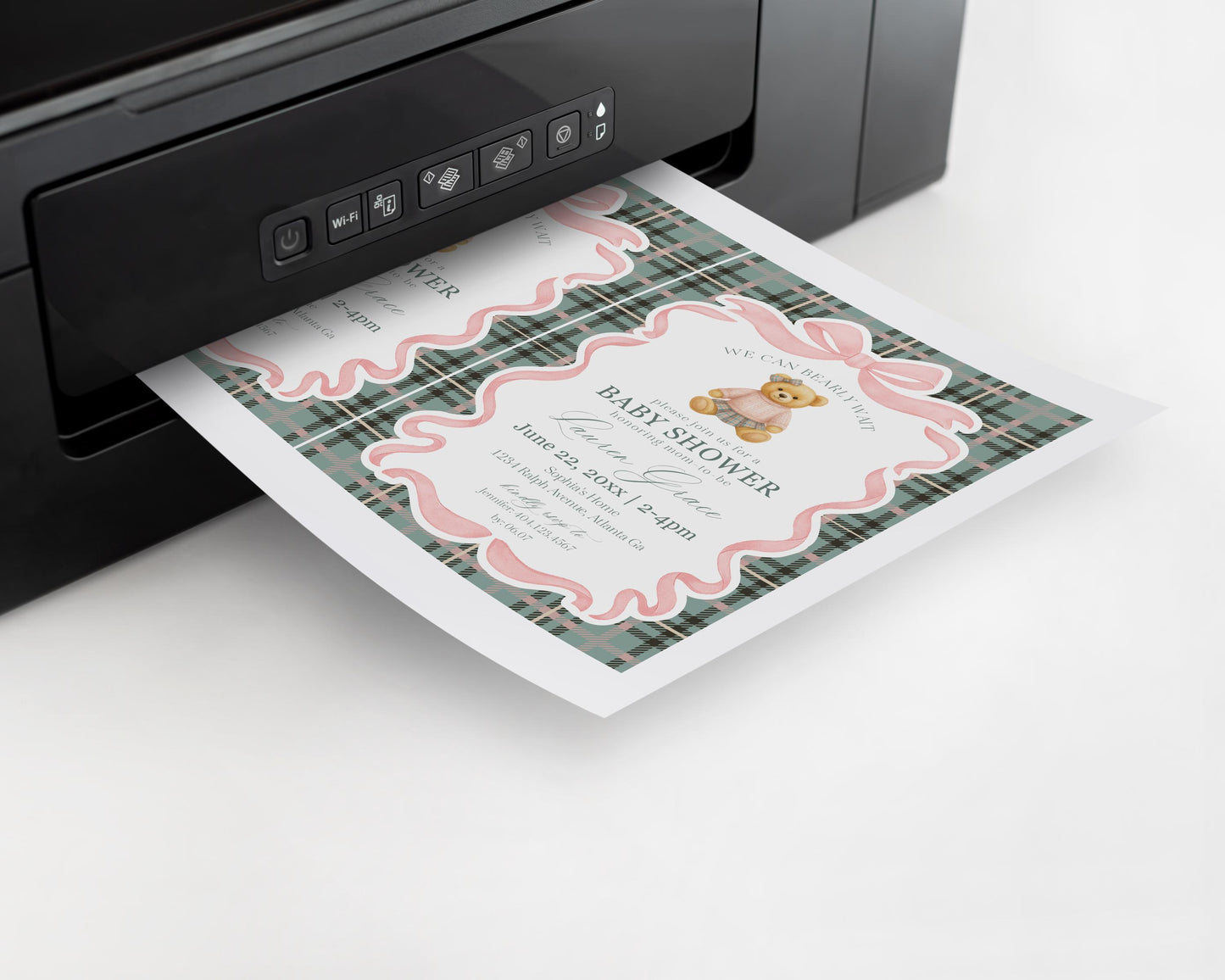 Pink Coquette Bear Baby Shower Invitation Printable Template, We Can Bearly Wait Old Money Baby Sprinkle, Tartan Plaid Nesting Party WP1081