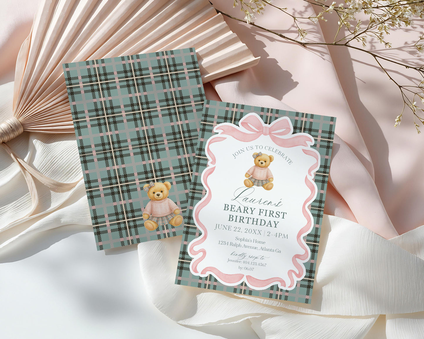 Pink Coquette Bear Girl 1st Birthday Invitation Template, Beary First Birthday Decor, Old Money Birthday Party, Tartan Plaid Bow WP1081