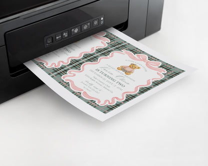 Pink Coquette Bear Birthday Invitation Printable Template, Old Money Teddy Bear Birthday Party, Tartan Plaid Coquette Bow Party WP1081