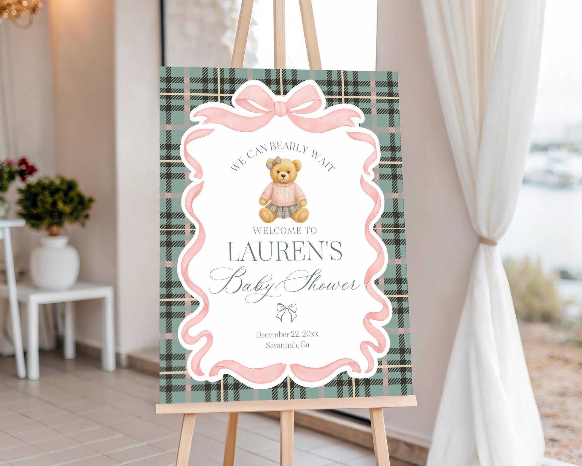 Pink Coquette Bear Baby Shower Welcome Sign Template, We Can Bearly Wait Old Money Baby Sprinkle, Tartan Plaid Coquette Bow Nesting WP1081