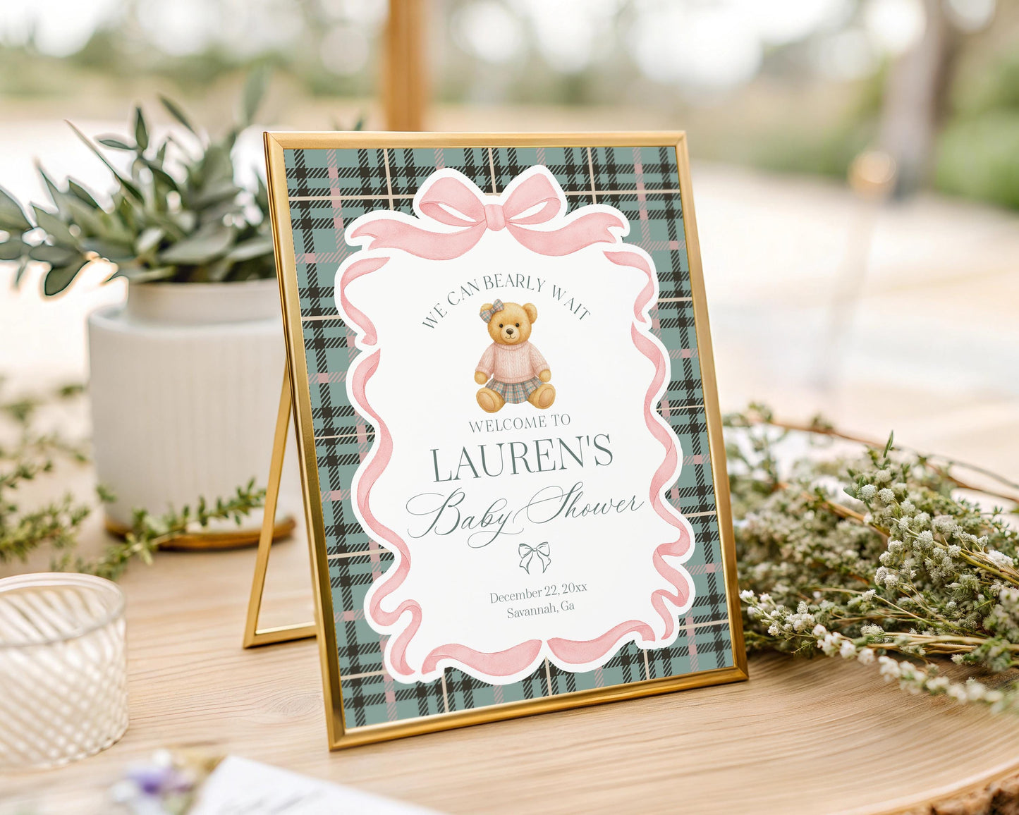 Pink Coquette Bear Baby Shower Welcome Sign Template, We Can Bearly Wait Old Money Baby Sprinkle, Tartan Plaid Coquette Bow Nesting WP1081