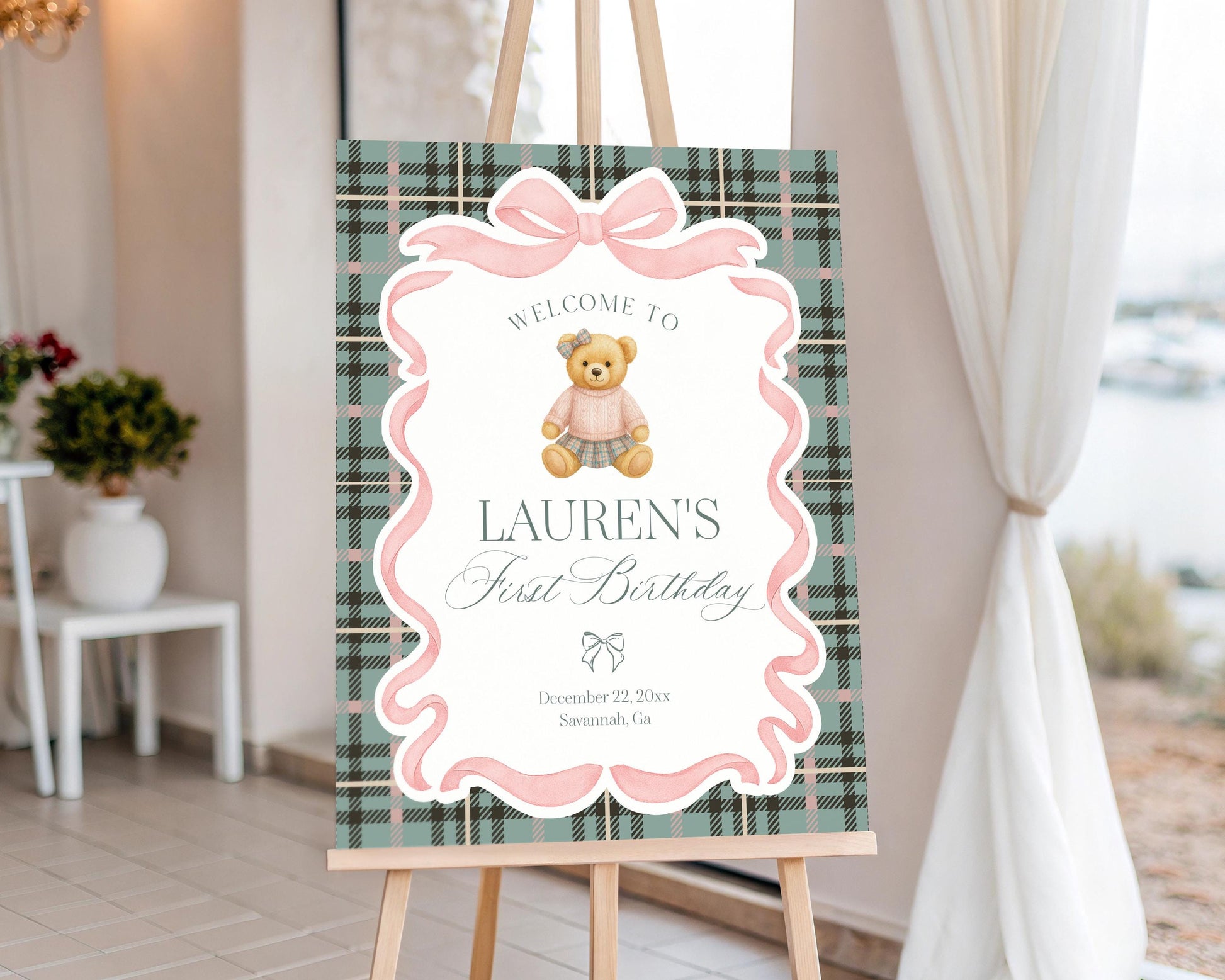 Pink Coquette Bear Birthday Party Welcome Sign Template, We Can Bearly Wait Old Money Baby Sprinkle, Tartan Plaid Bow Nesting WP1081