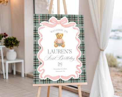 Pink Coquette Bear Birthday Party Welcome Sign Template, We Can Bearly Wait Old Money Baby Sprinkle, Tartan Plaid Bow Nesting WP1081