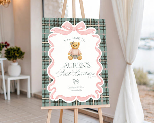 Pink Coquette Bear Birthday Party Welcome Sign Template, We Can Bearly Wait Old Money Baby Sprinkle, Tartan Plaid Bow Nesting WP1081