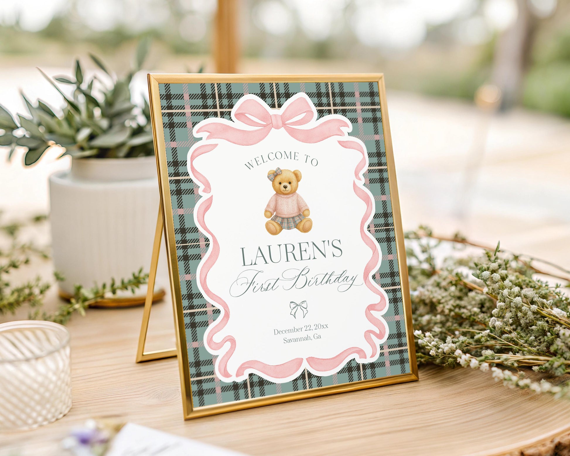 Pink Coquette Bear Birthday Party Welcome Sign Template, We Can Bearly Wait Old Money Baby Sprinkle, Tartan Plaid Bow Nesting WP1081