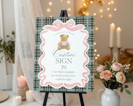 Pink Coquette Bear Custom Sign Template, We Can Bearly Wait Old Money Baby Shower, Beary First Birthday Tartan Plaid Coquette Party WP1081