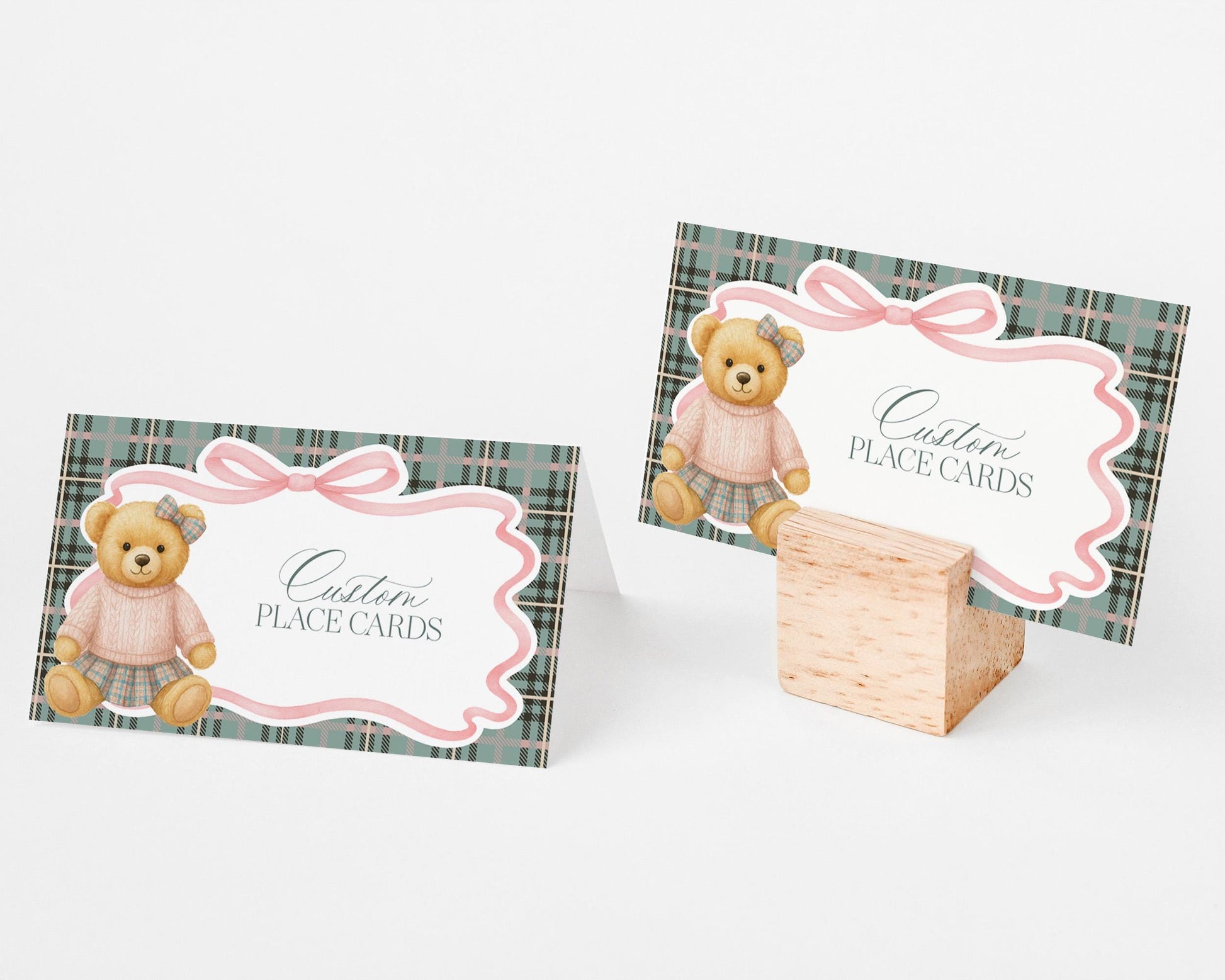Pink Coquette Bear Place Cards Template, We Can Bearly Wait Old Money Baby Shower, Beary 1st Birthday Tartan Plaid Coquette Bow Party WP1081