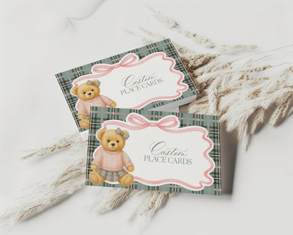 Pink Coquette Bear Place Cards Template, We Can Bearly Wait Old Money Baby Shower, Beary 1st Birthday Tartan Plaid Coquette Bow Party WP1081